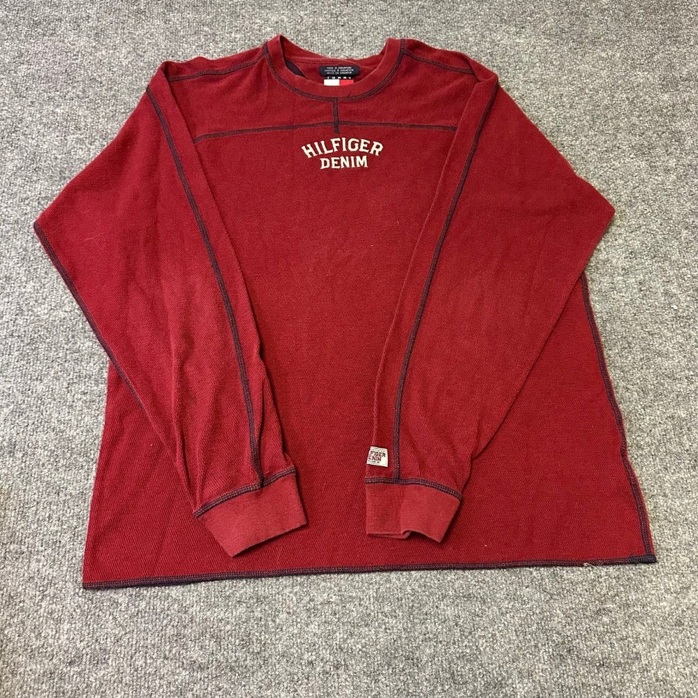 Tommy Jeans Shirt Mens Size L Red Waffle Knit Thermal Long Sleeve Streetwear